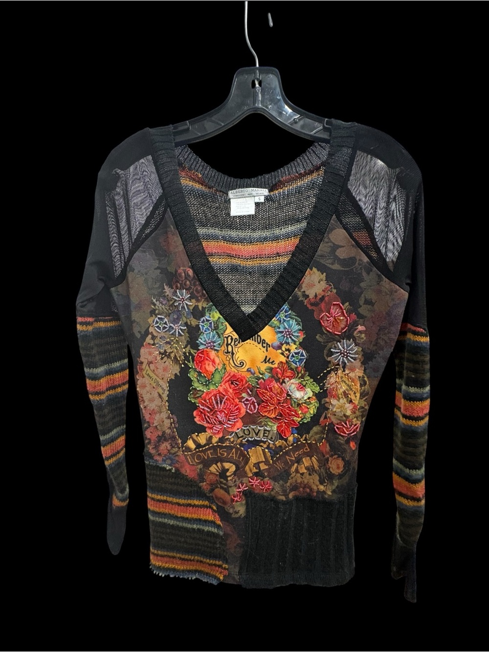 Alberto Makali Embellished Floral Mixed Media V Neck Sweater Size S